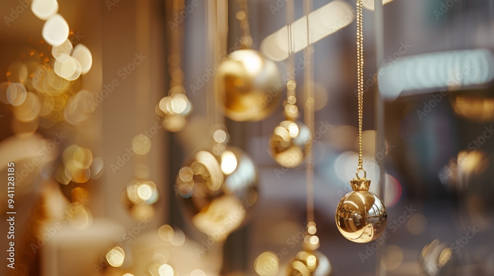 Shiny golden baubles adorn a store display, reflecting warm ambient lighting, creating a luxurious holiday atmosphere. Shiny golden baubles adorn a store display, reflecting warm ambient lighting, creating a luxurious holiday atmosphere.