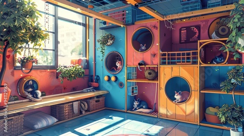 A colorful and whimsical cat play area with multiple levels, windows, and hiding spots. Perfect for a playful feline companion.