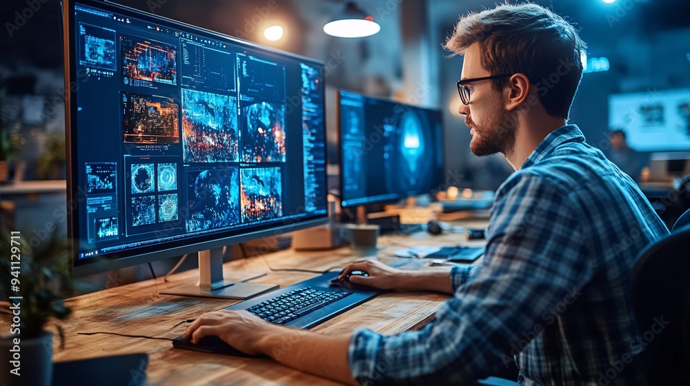 A creative professional in a studio using AI-driven design software to create complex visual effects on a large screen Stock Photo with copy space A creative professional in a studio using AI-driven design software to create complex visual effects on a large screen Stock Photo with copy space