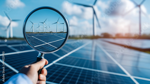 A magnifying glass enlarges wind turbines and solar panels, symbolizing the focus on developing renewable energy. photo