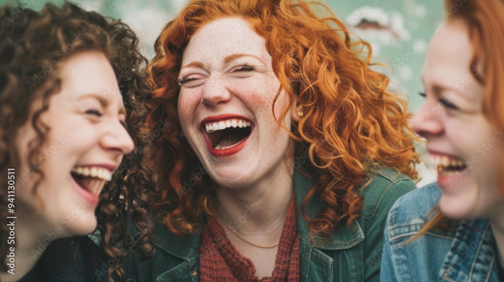 Three friends with curly red hair laugh heartily together, captured in a candid moment of joy and camaraderie. Three friends with curly red hair laugh heartily together, captured in a candid moment of joy and camaraderie.