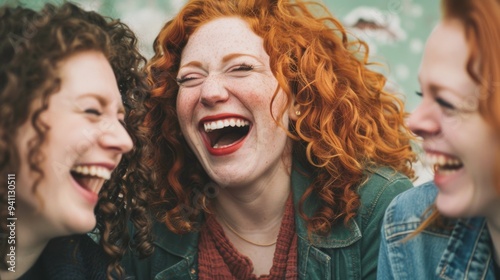 Three friends with curly red hair laugh heartily together, captured in a candid moment of joy and camaraderie.