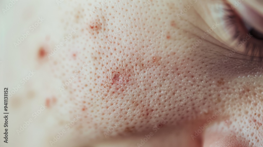 Fototapeta premium Close-up of human skin showing pores and redness, emphasizing skin texture and detailing a common dermatologic condition.