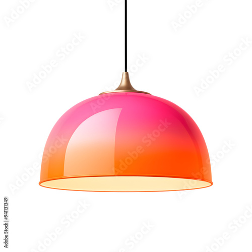 Gradient fuchsia and orange enamel pendant lamp with a smooth, glossy finish. Vibrant colors, adding a pop of color to any modern space, isolated on transparent background PNG