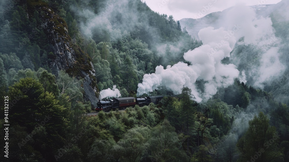 Fototapeta premium A vintage steam train with billowing smoke snakes through a lush, misty forest valley, creating an enchanting and nostalgic scene.