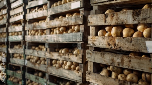 Wooden crates filled with freshly harvested potatoes are stacked in a dimly lit storage area, highlighting the abundance of the earthy produce.