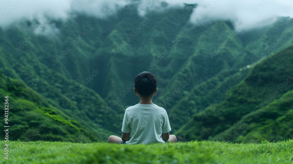 Naklejka premium Asian Boy Seated Grassy Hill With Mou