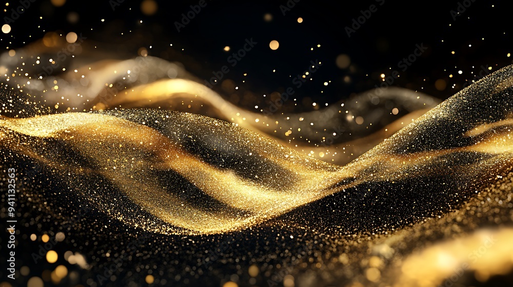Abstract golden particles flowing in a wave against a dark background. Abstract golden particles flowing in a wave against a dark background.