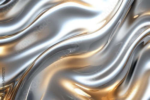 Abstract metallic liquid waves in silver and gold tones Generative AI