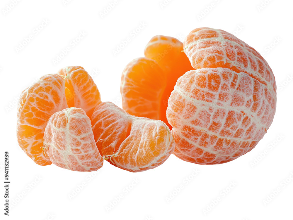 Whole and peeled tangerines with segments, isolated on white background. PNG transparent.