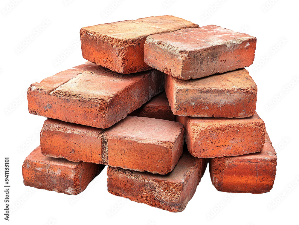 Stacked red bricks, arranged geometrically on white background. PNG transparent. Stacked red bricks, arranged geometrically on white background. PNG transparent.