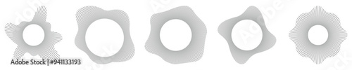 Circular sound waves set. Abstract music audio bursts collection. Radial spectrum design. Ring of thin rays with wavy silhouette. Vector illustration