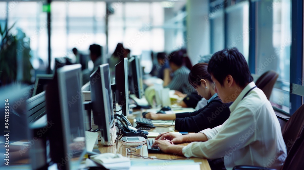 Obraz premium A bustling office environment with focused employees working at their computers, encapsulating productivity and corporate diligence.