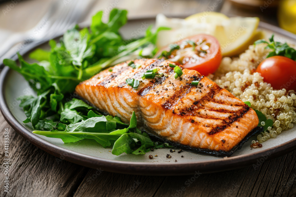 Grilled salmon fillet served with fresh arugula, quinoa, and cherry tomatoes on a rustic plate, perfect for a healthy meal Grilled salmon fillet served with fresh arugula, quinoa, and cherry tomatoes on a rustic plate, perfect for a healthy meal