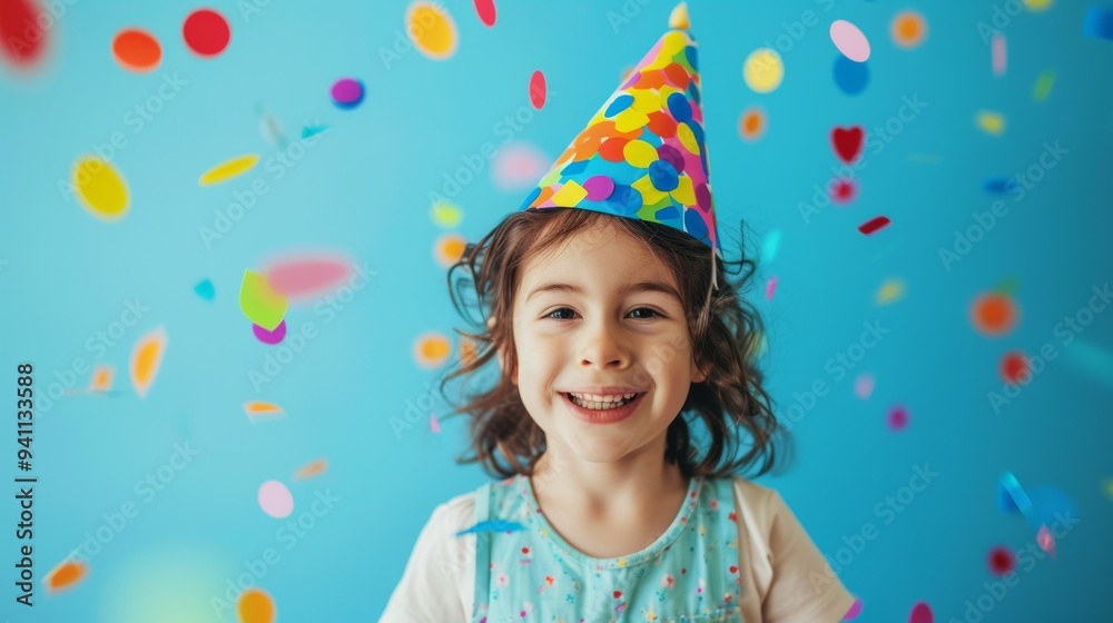 Little girl wearing a party hat, beaming with joy as colorful confetti floats around her against a blue background.