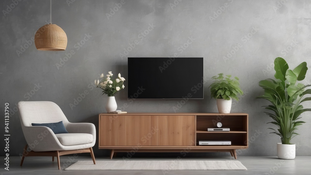 Modern Living Room with Flat Screen TV, Armchair, and Plants Modern Living Room with Flat Screen TV, Armchair, and Plants