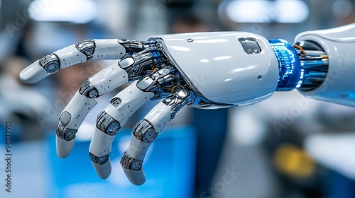 A robotics engineer working on the development of an AI-powered robotic limb in a high-tech lab Stock Photo with copy space