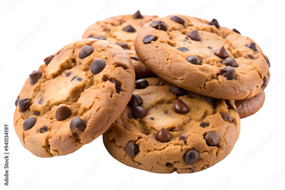 Chocolate Chip Cookies Arrangement Isolated on White Transparent Background, PNG Element