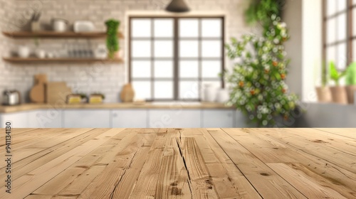 Wood table top on blurred kitchen background. can be used mock up for montage products display or design layout