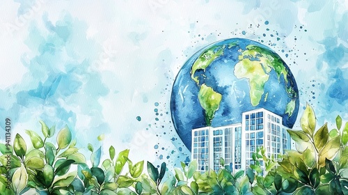 Illustration of buildings with greenery and earth, symbolizing sustainable urban development. #941134309