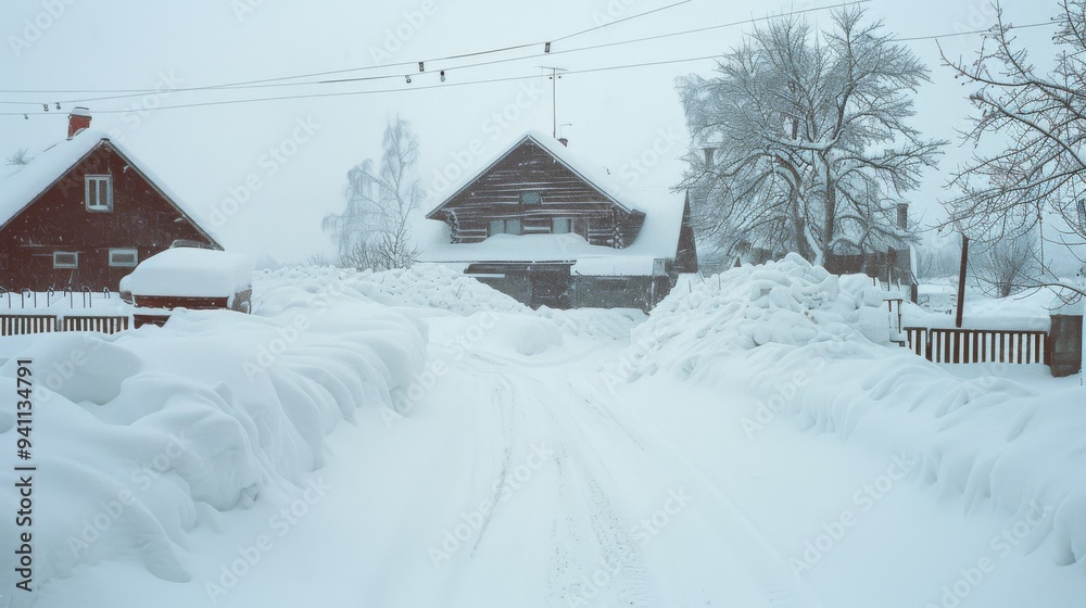 Quaint village homes are enveloped in a deep layer of snow, creating a picturesque scene that showcases the quiet beauty and stillness of rural winter life. Quaint village homes are enveloped in a deep layer of snow, creating a picturesque scene that showcases the quiet beauty and stillness of rural winter life.