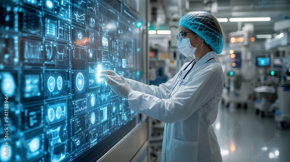 A medical technician using AI software to scan and diagnose medical images in a high-tech hospital environment Stock Photo with copy space A medical technician using AI software to scan and diagnose medical images in a high-tech hospital environment Stock Photo with copy space
