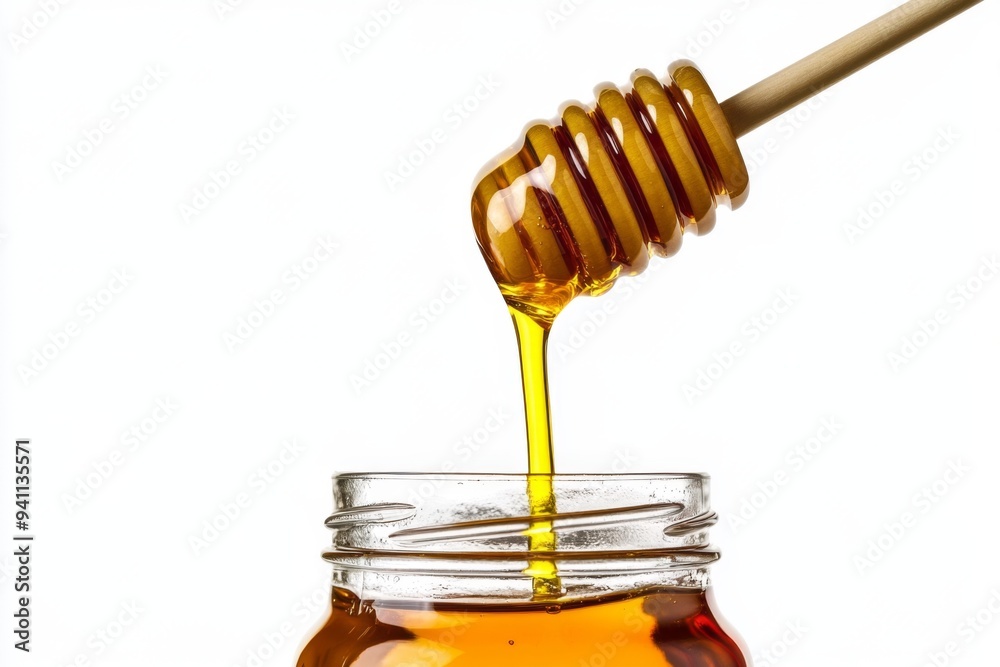 Carefully drizzling honey from a traditional wooden stick dipper into glass jar on white background Carefully drizzling honey from a traditional wooden stick dipper into glass jar on white background