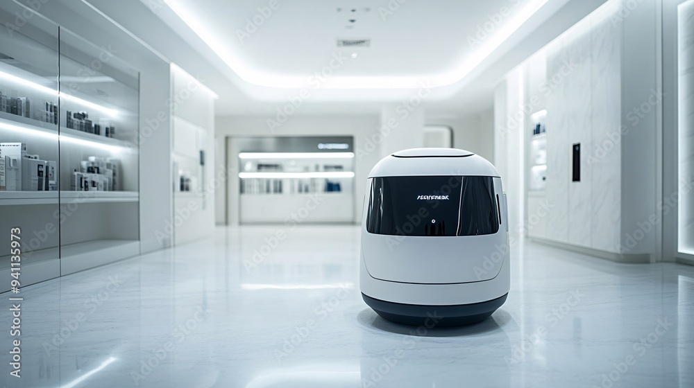 A retail environment where AI-driven robots assist customers with shopping and checkout Stock Photo with copy space A retail environment where AI-driven robots assist customers with shopping and checkout Stock Photo with copy space