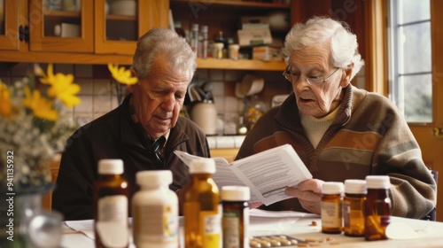 An elderly couple intensely reads papers on a kitchen table surrounded by various medicine bottles, depicting a moment of focused attention to health.