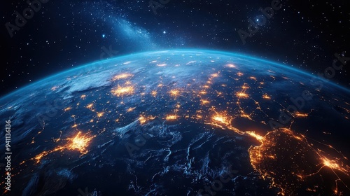 cosmic connectivity illuminated north american continent on nighttime earth with glowing network lines spreading globally symbolizing worldwide digital unity