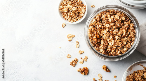 Bowl of granola next to a jar of granola and a few scattered pieces