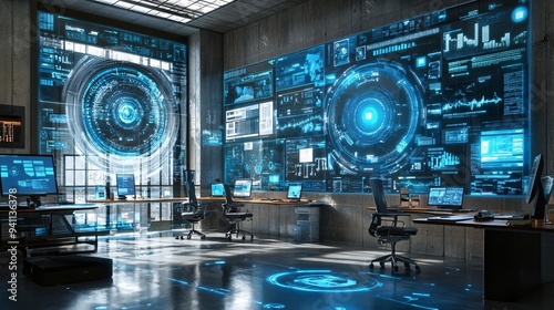 A futuristic office space where AI algorithms manage and optimize workflows for maximum productivity Stock Photo with copy space