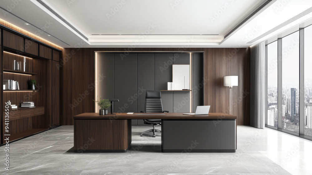 A modern office with a desk and chair in front of the window, AI A modern office with a desk and chair in front of the window, AI