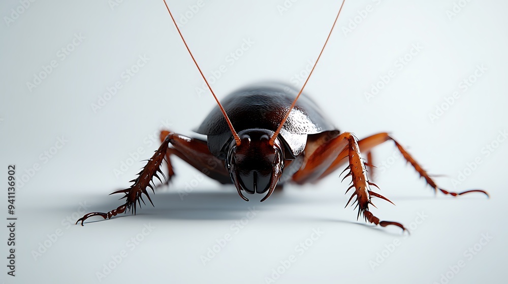 Close-up of a cockroach with long antennae and spiky legs, facing the ...