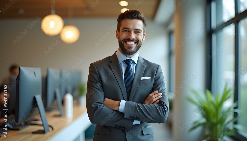 Fototapeta premium A happy bank employee looking at camera while standing in office