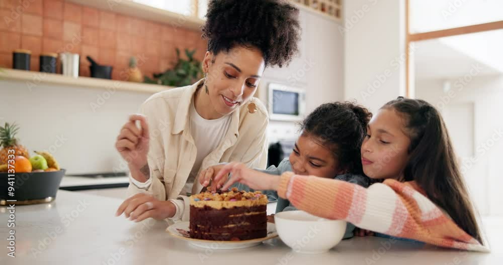 Woman, children and decoration a birthday cake on table, party and bonding together in kitchen. Young mom, daughter and family talking with learning to bake, food and celebration dessert in home Woman, children and decoration a birthday cake on table, party and bonding together in kitchen. Young mom, daughter and family talking with learning to bake, food and celebration dessert in home