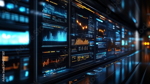 A high-tech research lab where AI simulations run on large screens to predict outcomes in scientific experiments Stock Photo with copy space