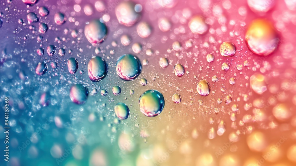 Close-up of colorful water droplets on a surface, reflecting light and creating a vibrant abstract pattern.