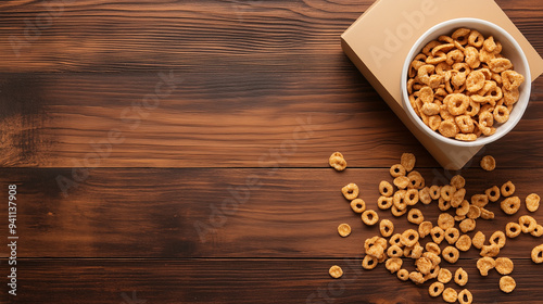 Large cereal box beside an empty bowl and some spilled cereal on the table