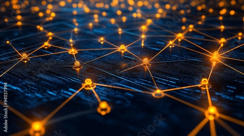 An abstract depiction of AI as a network of glowing nodes and connections representing deep learning processes Stock Photo with copy space photo