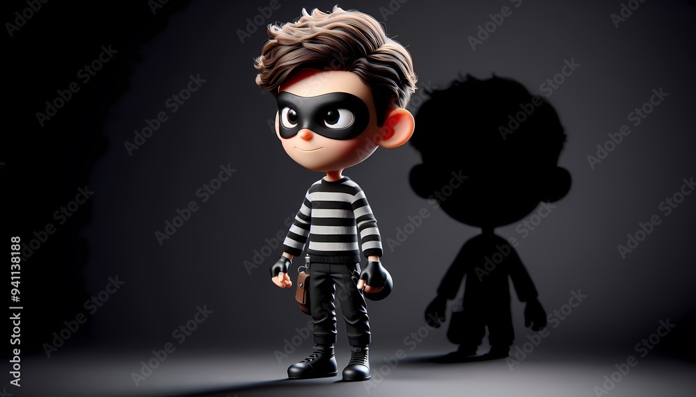 3D-rendered cartoon character of a sly young thief with short, tousled hair and a mischievous smirk wearing a classic black-and-white striped shirt, dark pants, and a black mask covering his eyes 3D-rendered cartoon character of a sly young thief with short, tousled hair and a mischievous smirk wearing a classic black-and-white striped shirt, dark pants, and a black mask covering his eyes