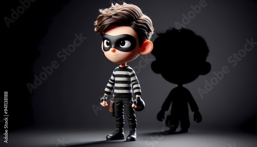 3D-rendered cartoon character of a sly young thief with short, tousled hair and a mischievous smirk wearing a classic black-and-white striped shirt, dark pants, and a black mask covering his eyes