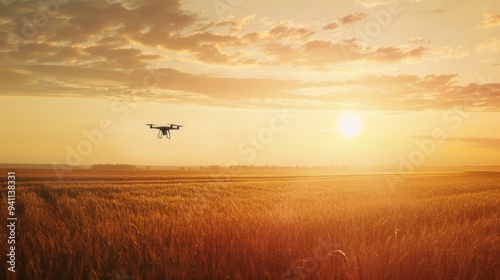 A drone flies over an expansive, sunlit wheat field, glowing under the golden rays of sunset, creating a serene and picturesque rural scene.