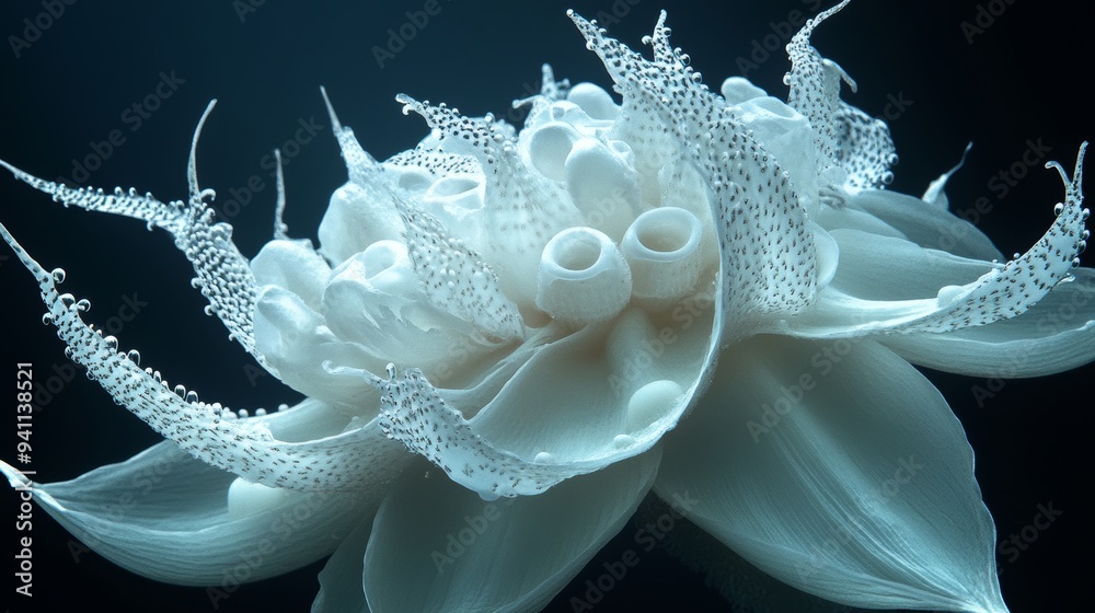 Close-up of a delicate, translucent underwater creature resembling a flower in deep blue waters Close-up of a delicate, translucent underwater creature resembling a flower in deep blue waters