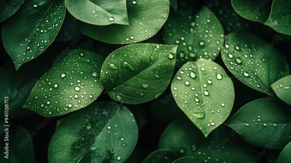 Fototapeta premium Close-up of green leaves with water droplets.