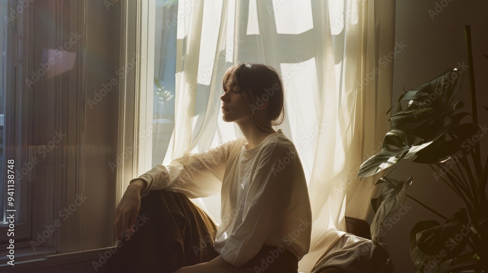 A soft-lit, introspective scene of a woman sitting by a window, her face bathed in natural light through sheer curtains, suggesting a moment of quiet reflection. A soft-lit, introspective scene of a woman sitting by a window, her face bathed in natural light through sheer curtains, suggesting a moment of quiet reflection.