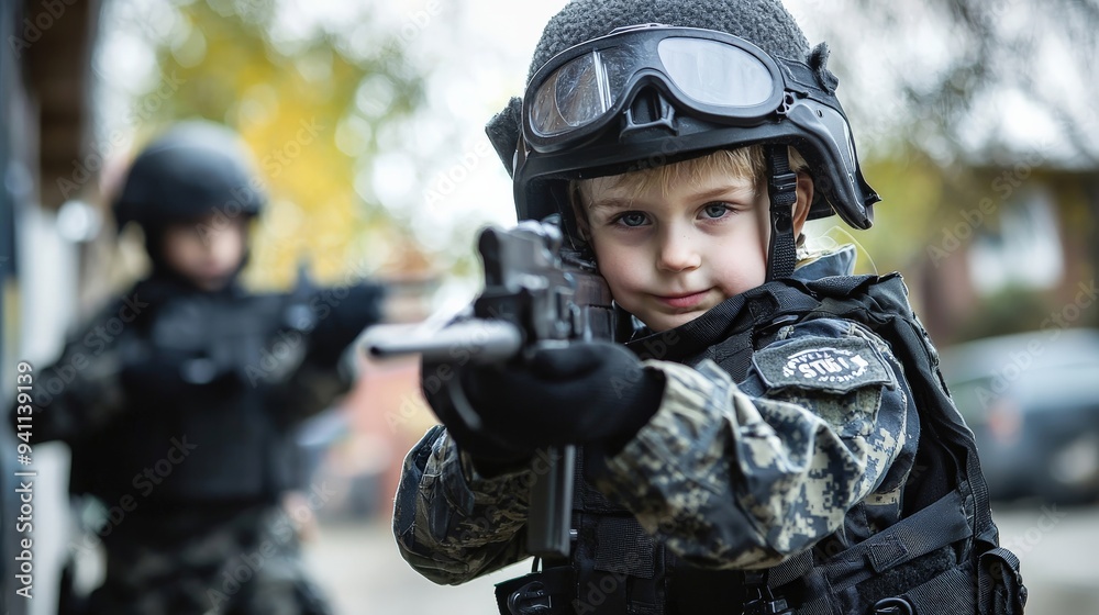 A child dressed as a SWAT officer, leading a toy team on a mission A child dressed as a SWAT officer, leading a toy team on a mission