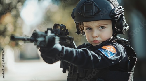 A child dressed as a SWAT officer, leading a toy team on a mission photo