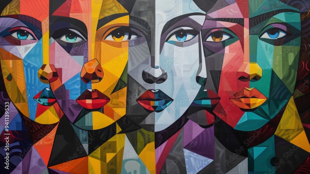 A painting of a woman's face surrounded by other women's faces, geometric abstract art, pop art, cubism A painting of a woman's face surrounded by other women's faces, geometric abstract art, pop art, cubism