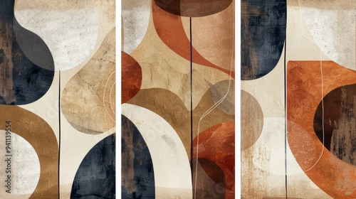 Three abstract paintings of different shapes and sizes, a minimalist painting.
